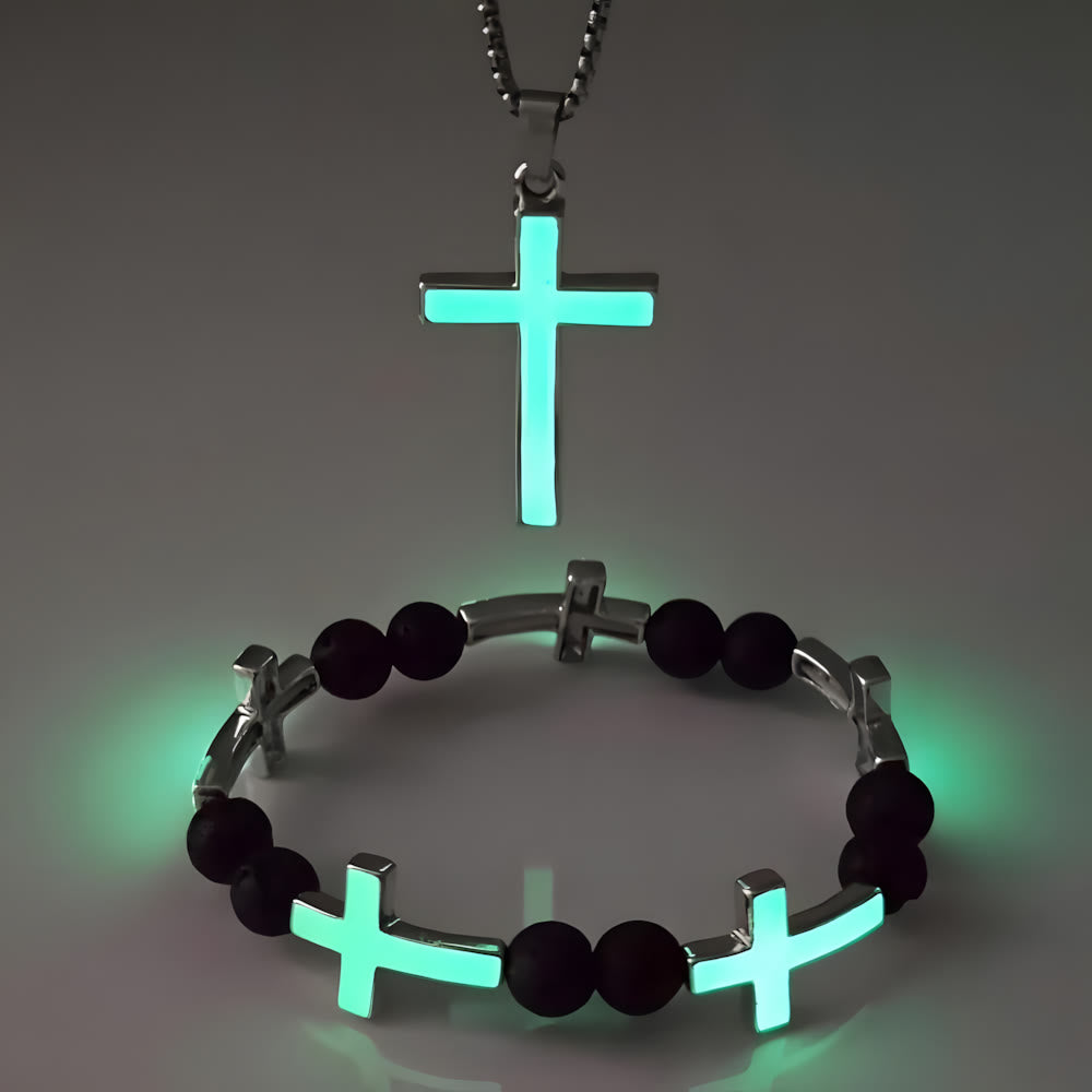 Juego de collar con cruz luminosa y pulsera de cuentas: un recordatorio de Su luz serena