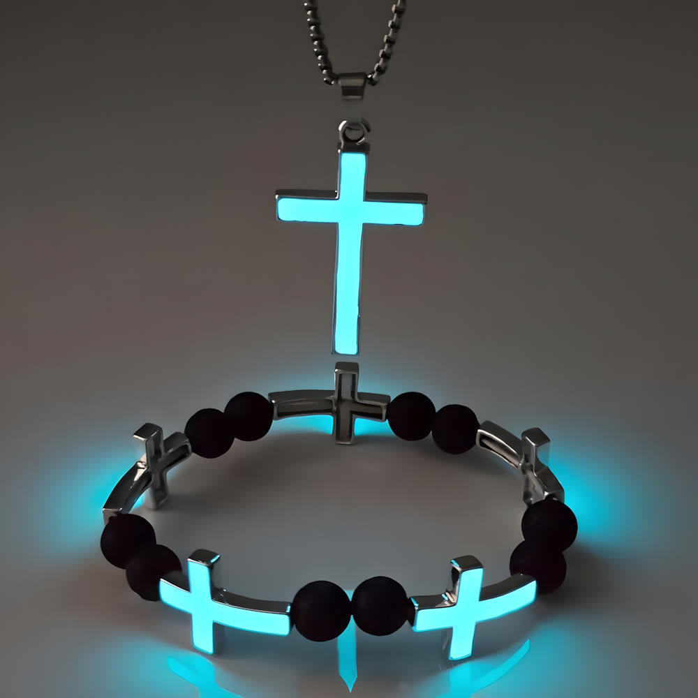Juego de collar con cruz luminosa y pulsera de cuentas: un recordatorio de Su luz serena