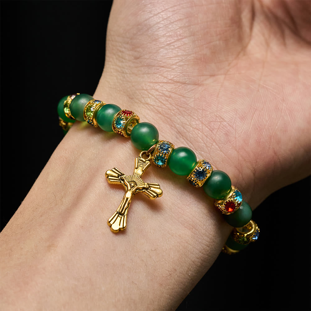 Pulsera Cruz de Ágata Verde Esmerilada y Cristal Blanco: Fe Suave en Textura Luminosa