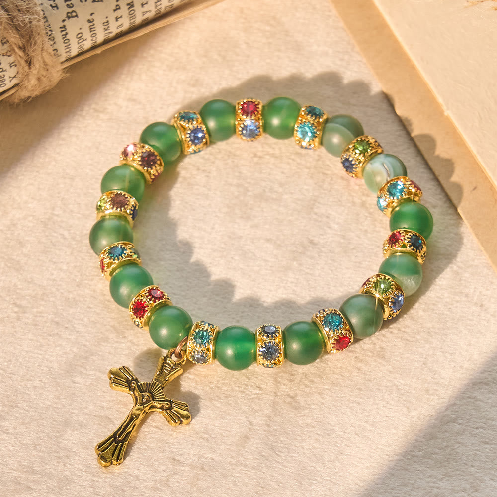 Pulsera Cruz de Ágata Verde Esmerilada y Cristal Blanco: Fe Suave en Textura Luminosa