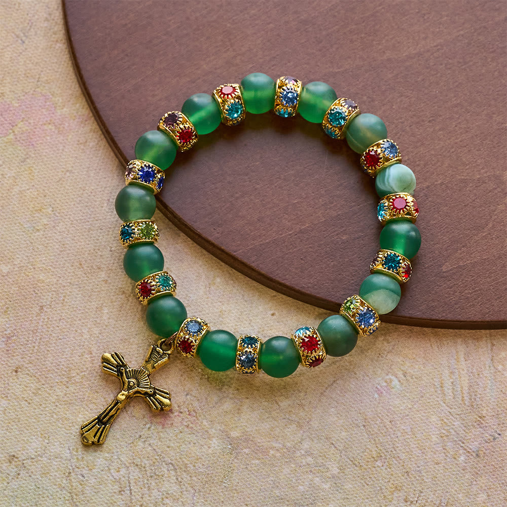 Pulsera Cruz de Ágata Verde Esmerilada y Cristal Blanco: Fe Suave en Textura Luminosa