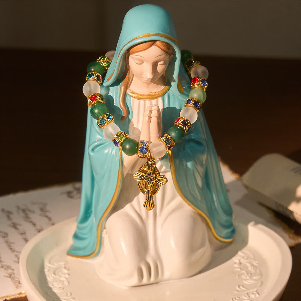 Pulsera de ágata mate lisa con crucifijo y Nuestra Señora: Recuerda Su amor tierno