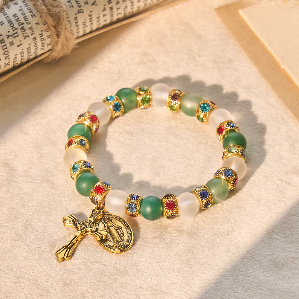 Pulsera de ágata mate lisa con crucifijo y Nuestra Señora: Recuerda Su amor tierno