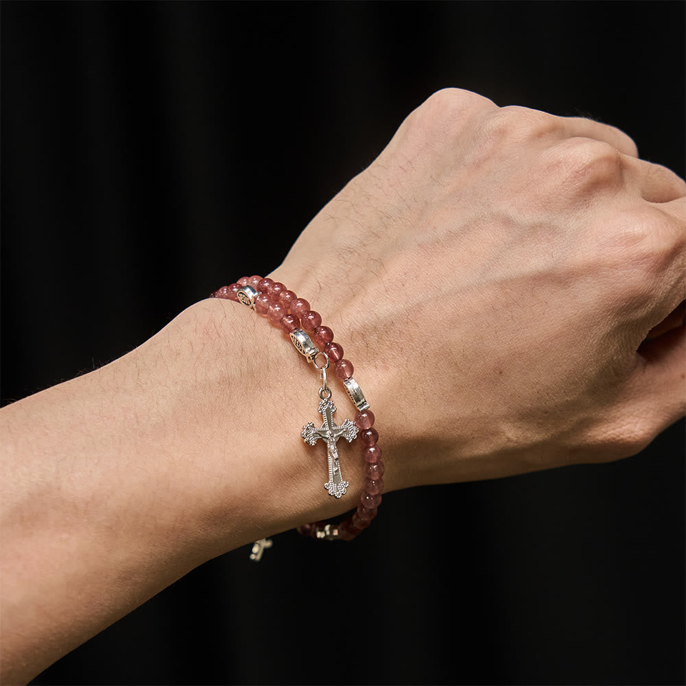 Pulsera de Cuarzo Fresa con Crucifijo y Dije de Ichthys