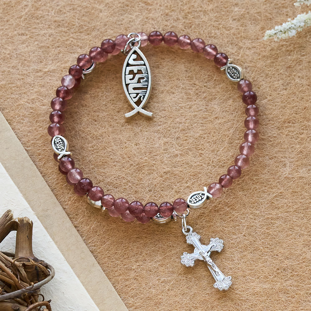 Pulsera de Cuarzo Fresa con Crucifijo y Dije de Ichthys