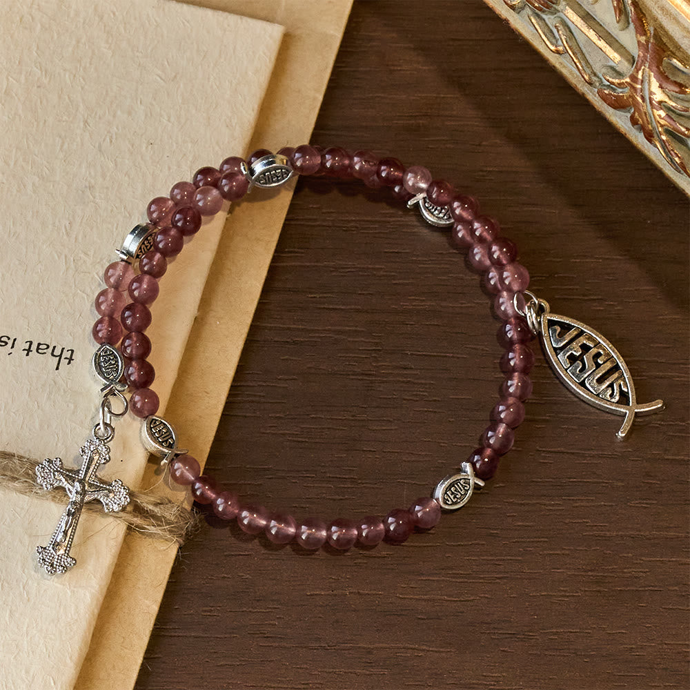 Pulsera de Cuarzo Fresa con Crucifijo y Dije de Ichthys