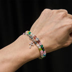 Pulsera de cuentas ojo de gato multicolor (collar para niños) con medallas de "I Love Jesus" y Arcángel