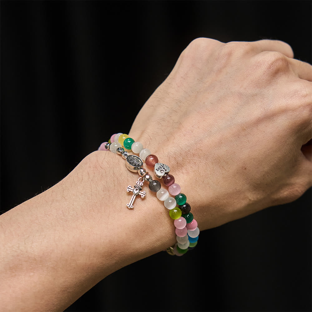 Pulsera de cuentas ojo de gato multicolor (collar para niños) con medallas de "I Love Jesus" y Arcángel