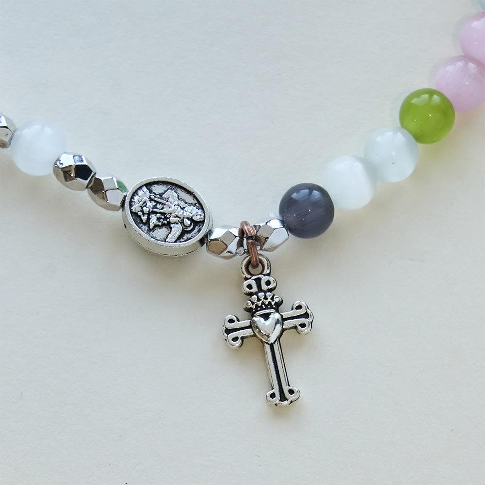 Pulsera de cuentas ojo de gato multicolor (collar para niños) con medallas de "I Love Jesus" y Arcángel