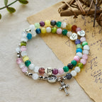 Pulsera de cuentas ojo de gato multicolor (collar para niños) con medallas de "I Love Jesus" y Arcángel