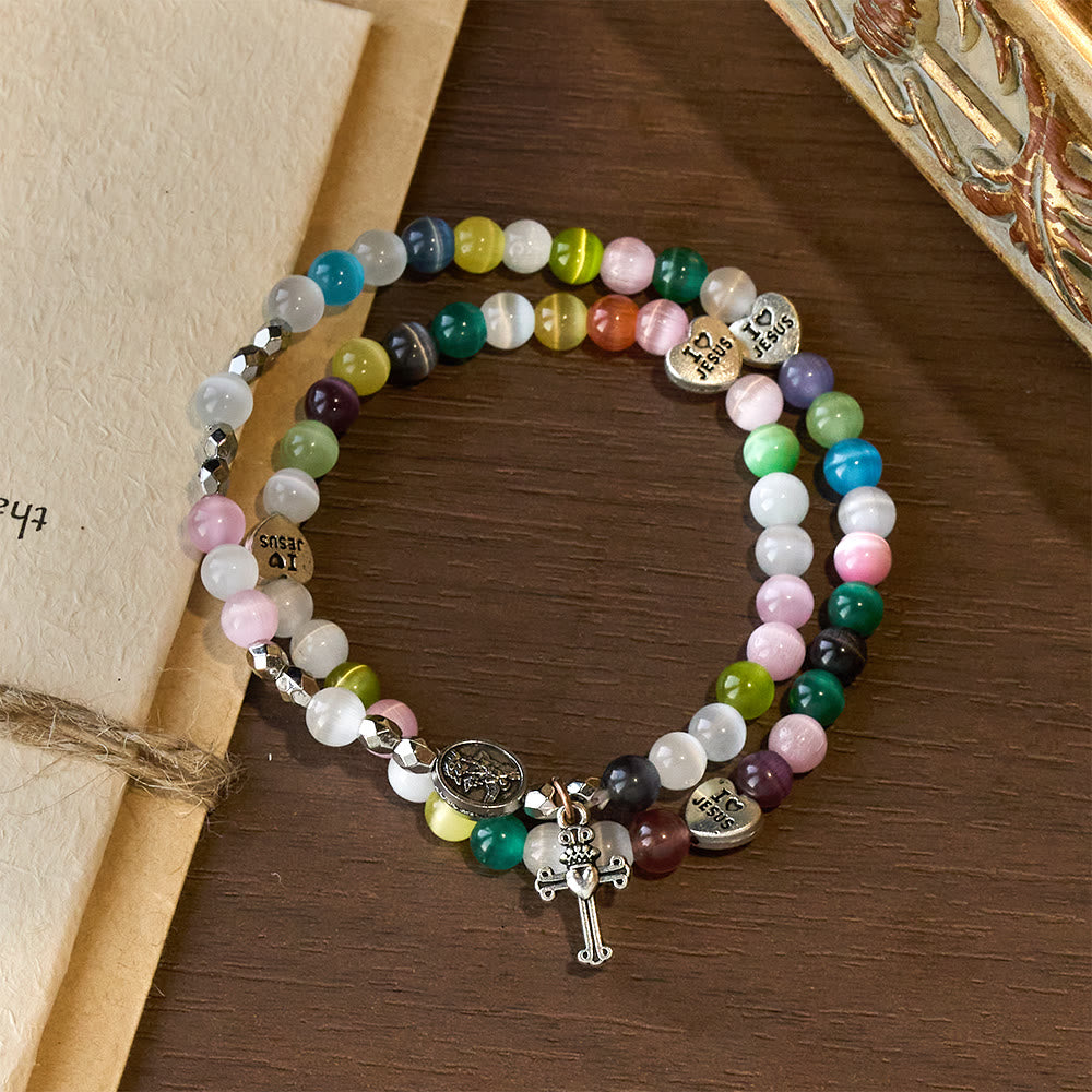 Pulsera de cuentas ojo de gato multicolor (collar para niños) con medallas de "I Love Jesus" y Arcángel