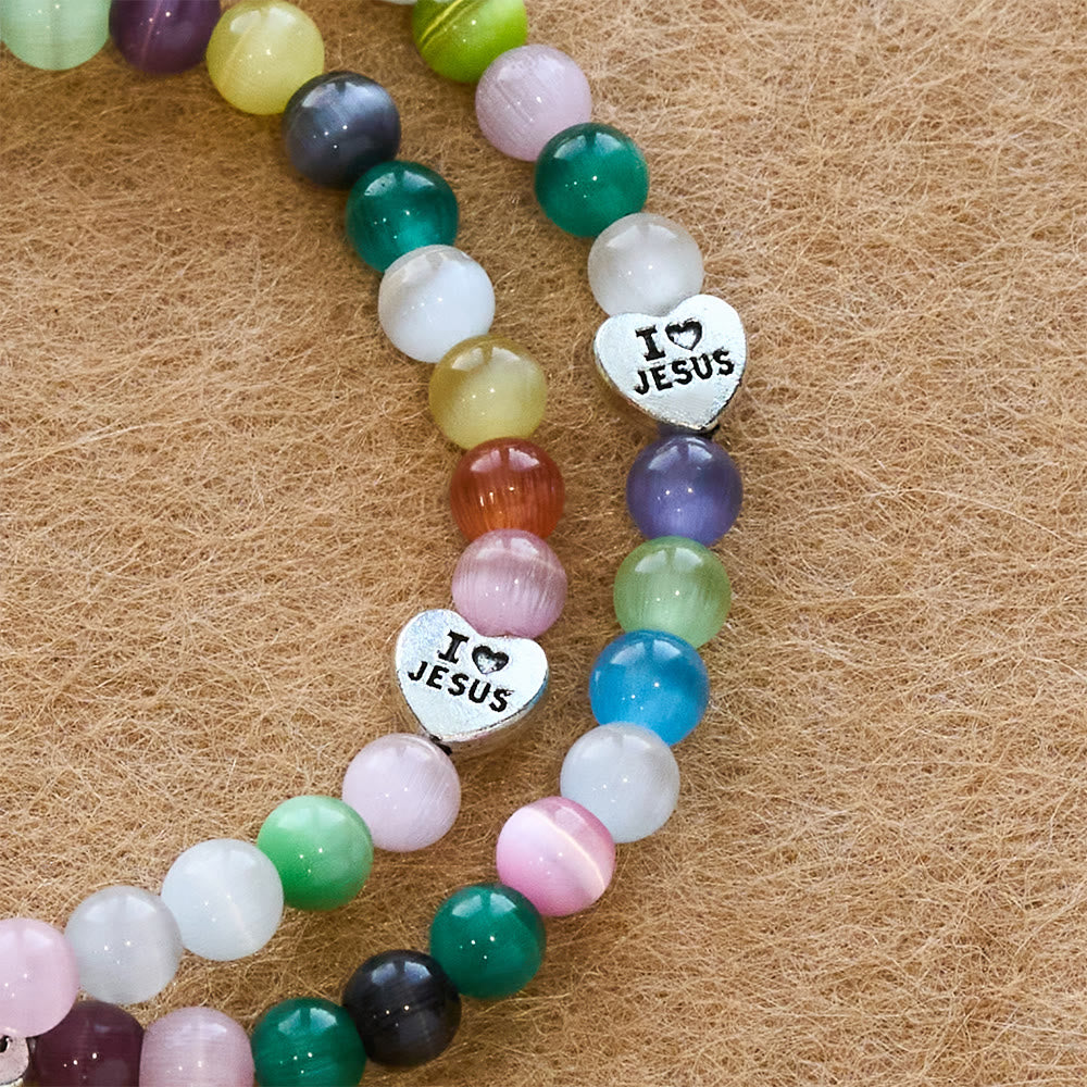 Pulsera de cuentas ojo de gato multicolor (collar para niños) con medallas de "I Love Jesus" y Arcángel