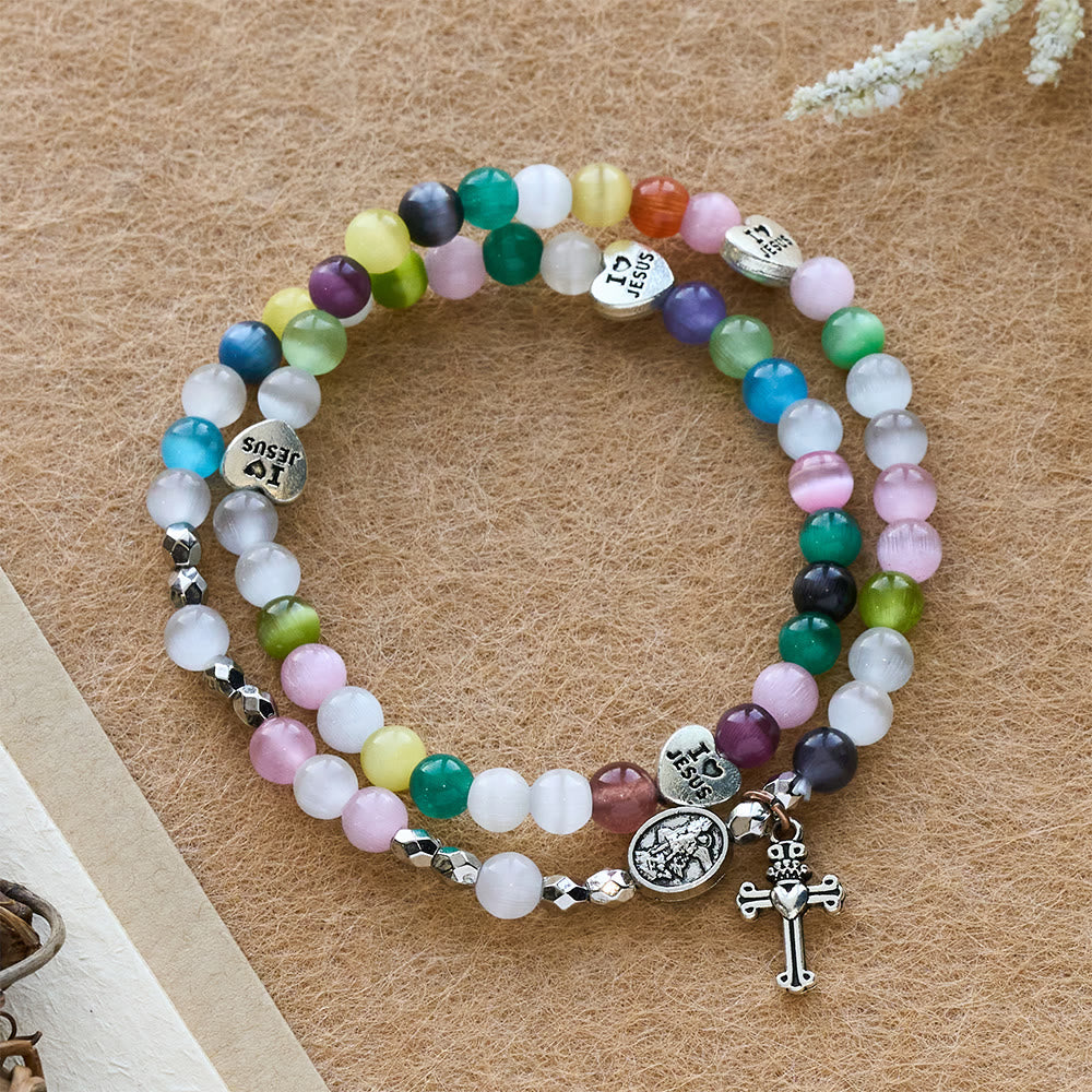 Pulsera de cuentas ojo de gato multicolor (collar para niños) con medallas de "I Love Jesus" y Arcángel