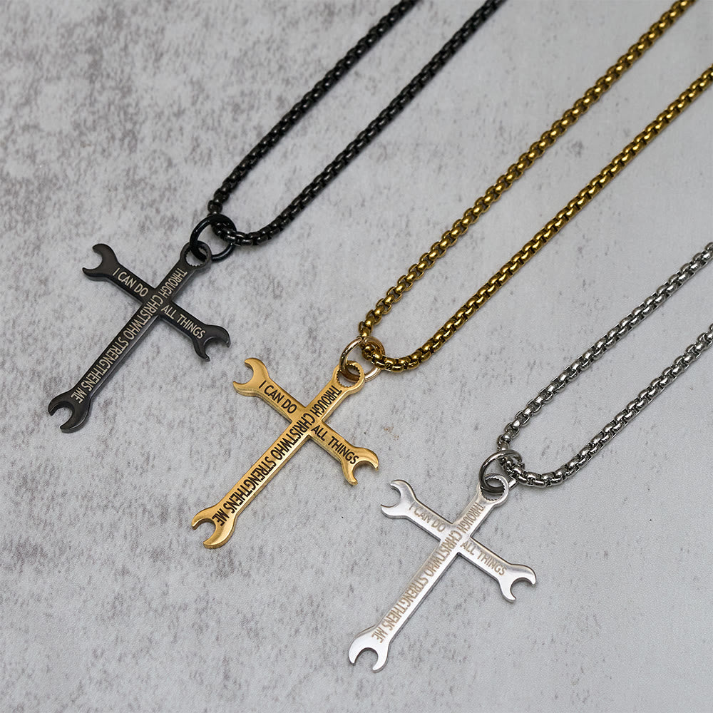 Collar Cruz Trébol Minimalista con Versículo Bíblico de Fe y Fuerza