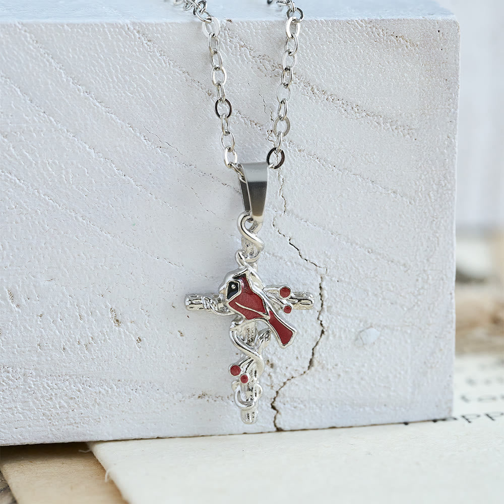 Collar Cardenal Hecho a Mano Colgante Cruz Pájaro Rojo