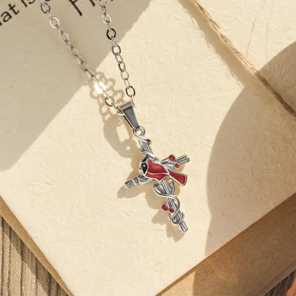 Collar Cardenal Hecho a Mano Colgante Cruz Pájaro Rojo