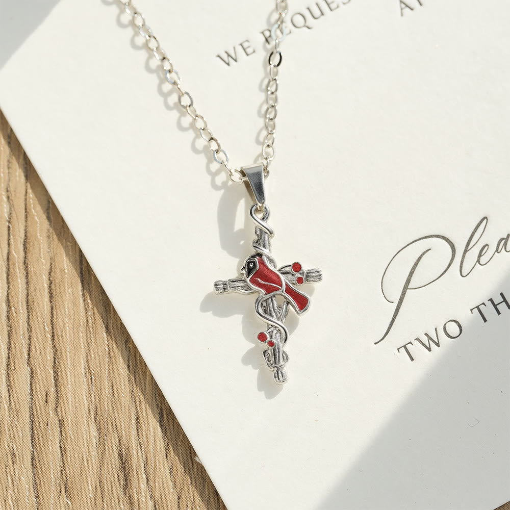Collar Cardenal Hecho a Mano Colgante Cruz Pájaro Rojo