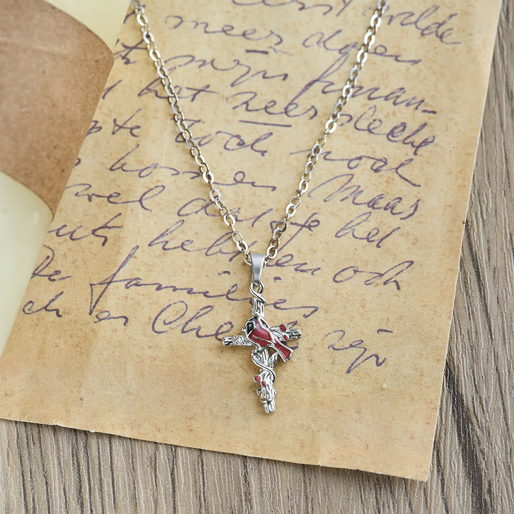 Collar Cardenal Hecho a Mano Colgante Cruz Pájaro Rojo
