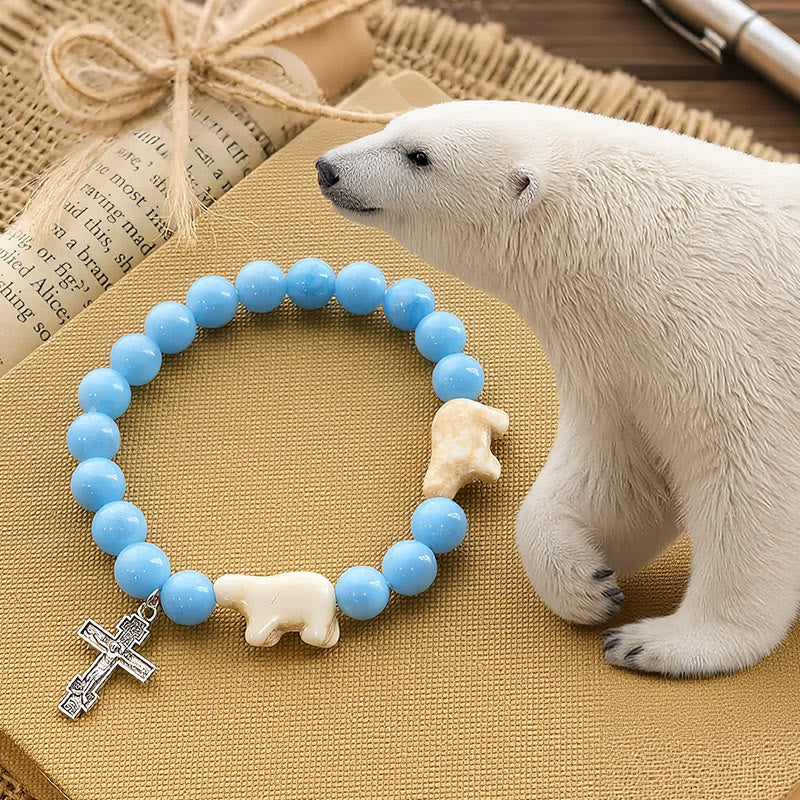 Pulsera de cruz hecha a mano de oso polar con cuentas azules: Salvemos a nuestros osos polares