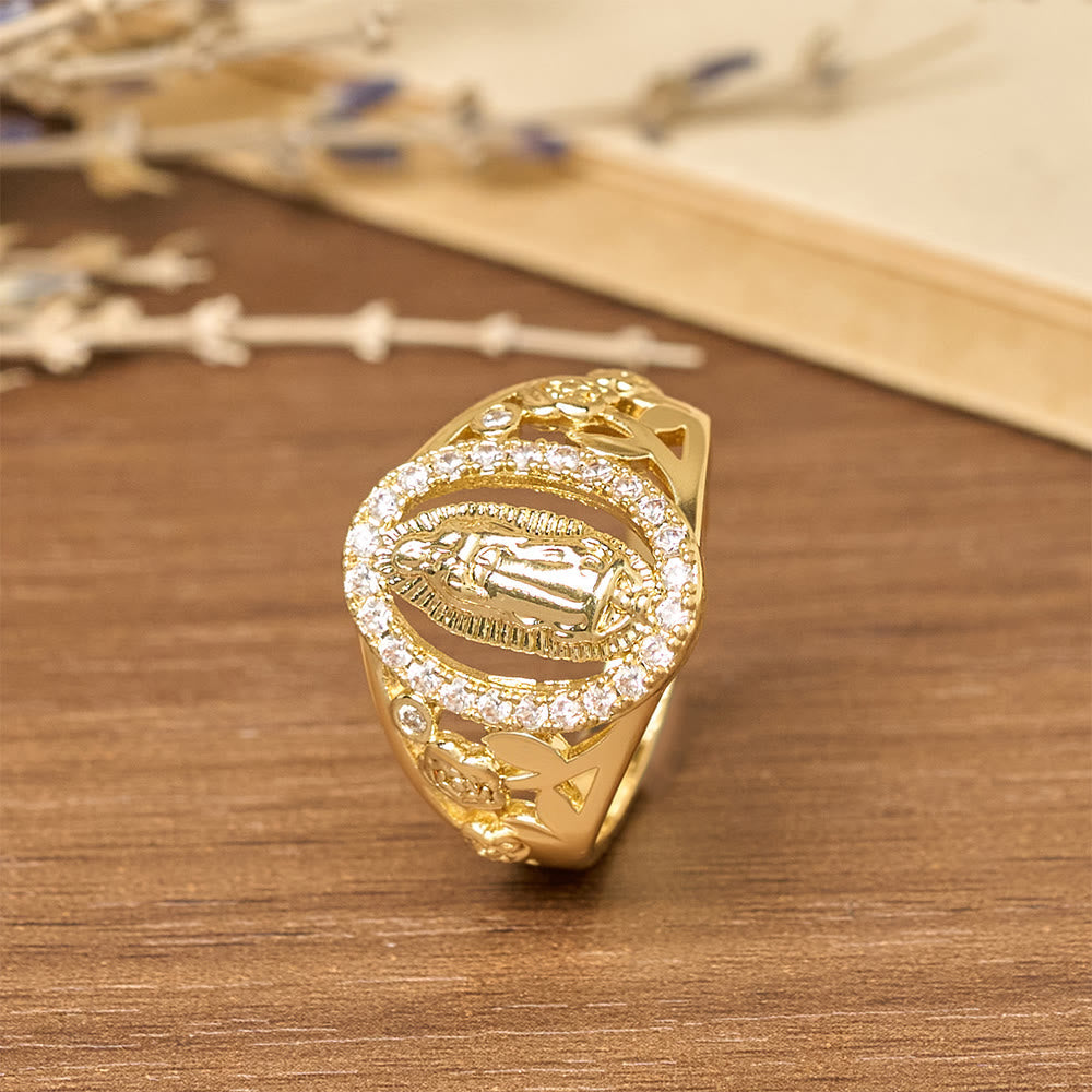 Nuestro Anillo de la Virgen con Circonitas Rodeadas y Acentos Florales: Encarna Su Tierna Gracia