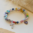Pulsera de rosario de alambre de memoria de ojo de gato multicolor de 6 mm con detalles de San Benito