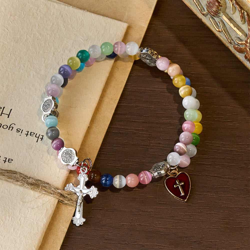 Pulsera de rosario de alambre de memoria de ojo de gato multicolor de 6 mm con detalles de San Benito