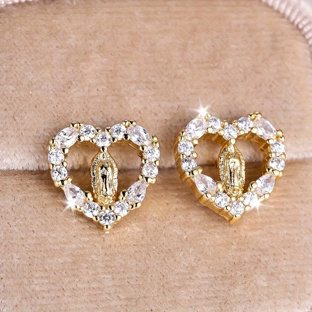 Pendientes de botón de Nuestra Señora en forma de corazón: estilos de circonita de colores y brillantes transparentes