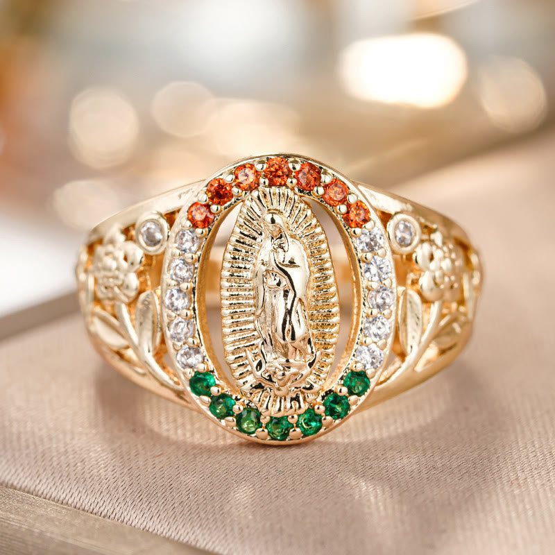 Anillo de Nuestra Señora con Circonitas y Diseño Floral: Un Elegante Recordatorio de Fe Inquebrantable