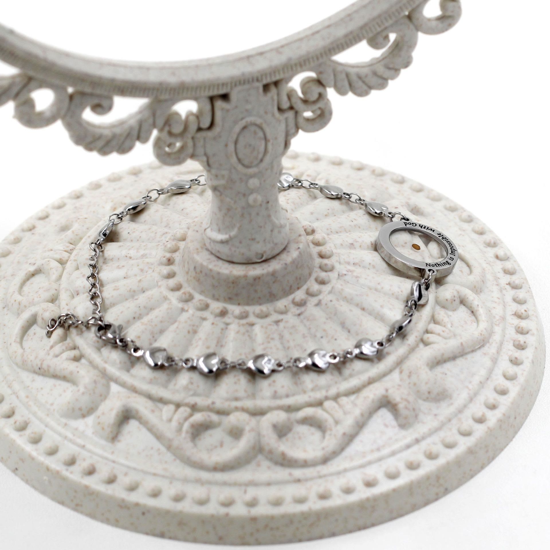 Mateo 17:20 y Lucas 1:37 con pulsera de semillas de mostaza: eslabones de corazón con detalle de puntos de circonita