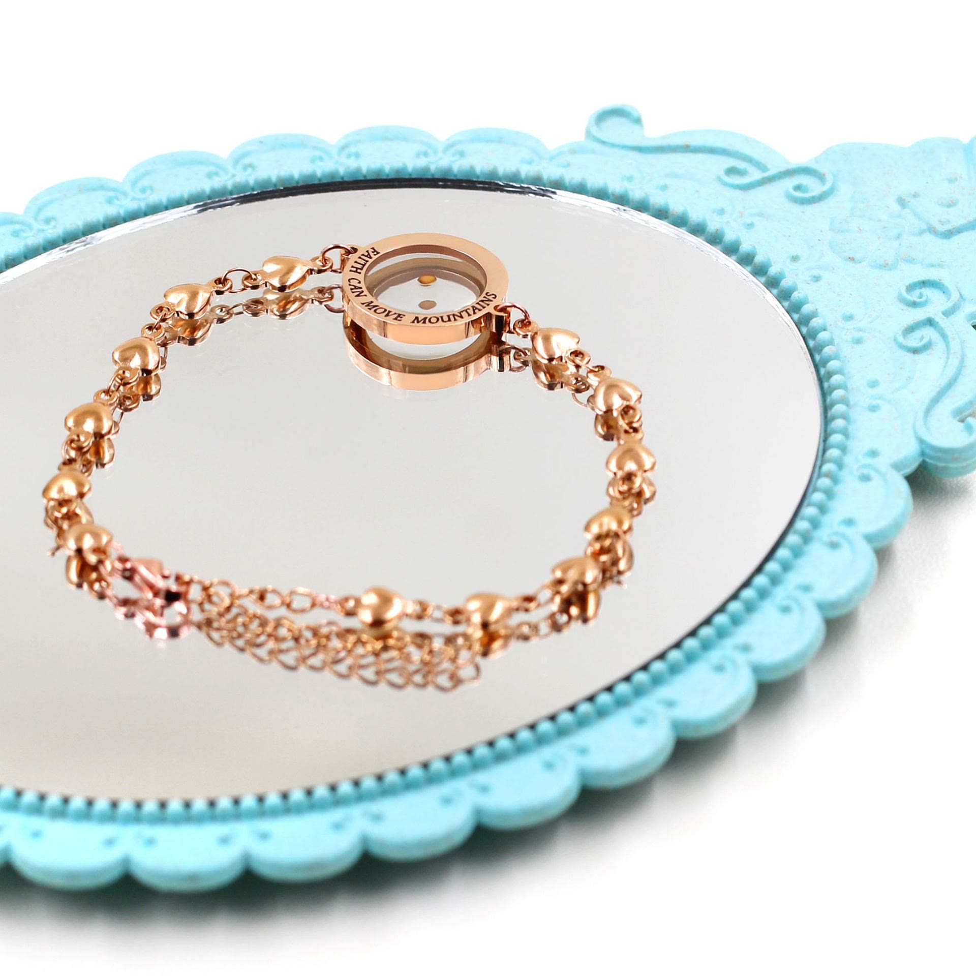Mateo 17:20 y Lucas 1:37 con pulsera de semillas de mostaza: eslabones de corazón con detalle de puntos de circonita