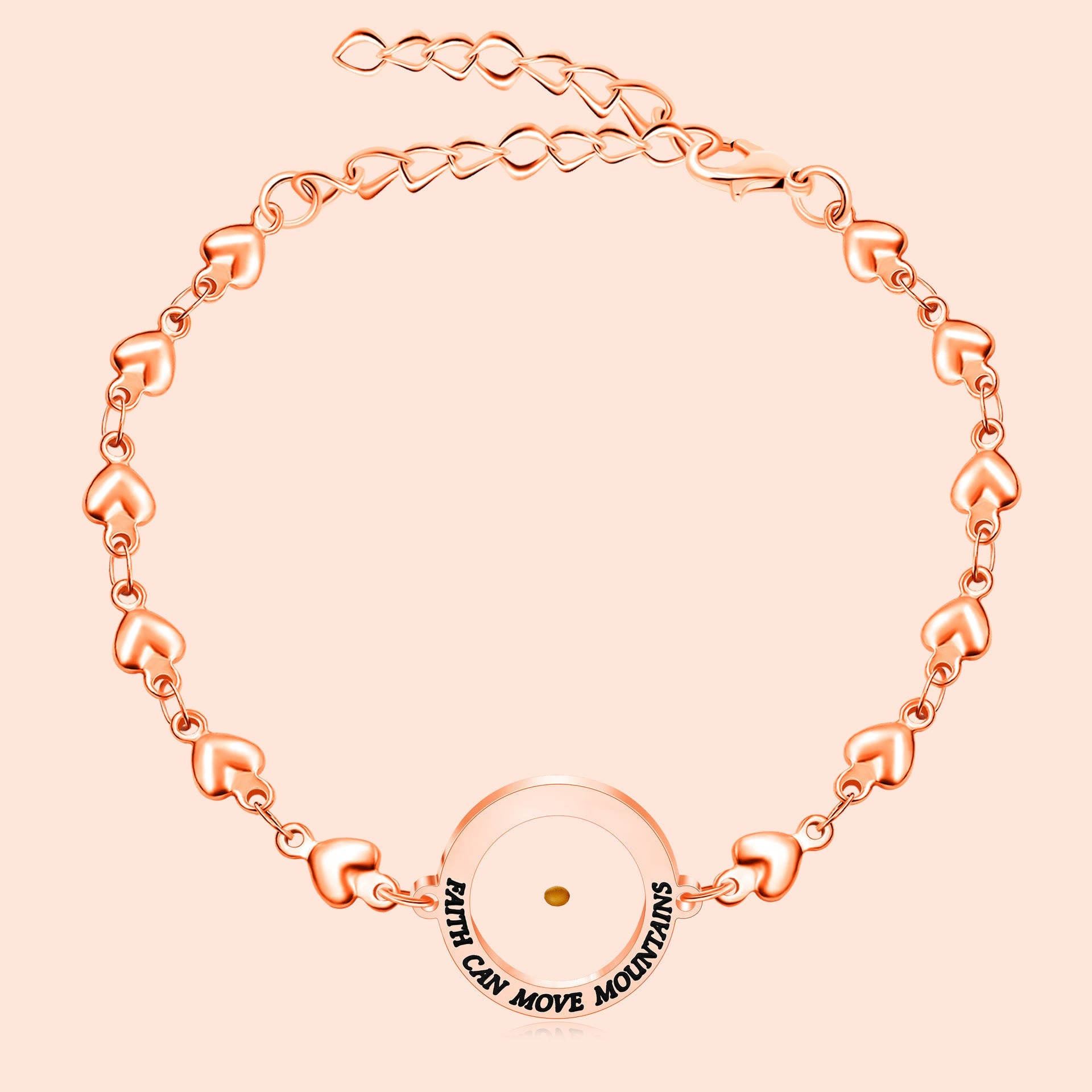 Mateo 17:20 y Lucas 1:37 con pulsera de semillas de mostaza: eslabones de corazón con detalle de puntos de circonita