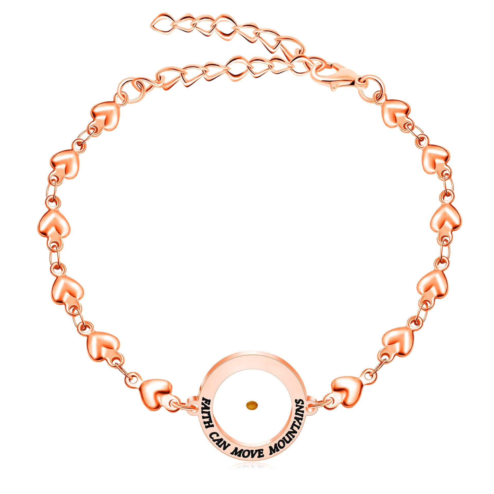 Mateo 17:20 y Lucas 1:37 con pulsera de semillas de mostaza: eslabones de corazón con detalle de puntos de circonita