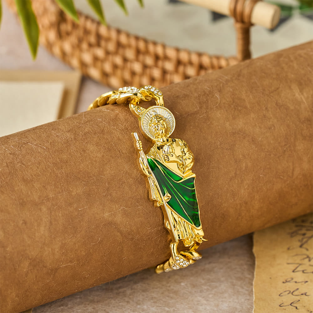 Pulsera de circonita de San Judas con túnica verde: un símbolo de gracia sagrada y protección