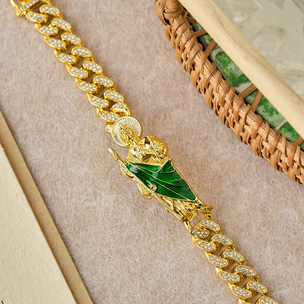 Pulsera de circonita de San Judas con túnica verde: un símbolo de gracia sagrada y protección