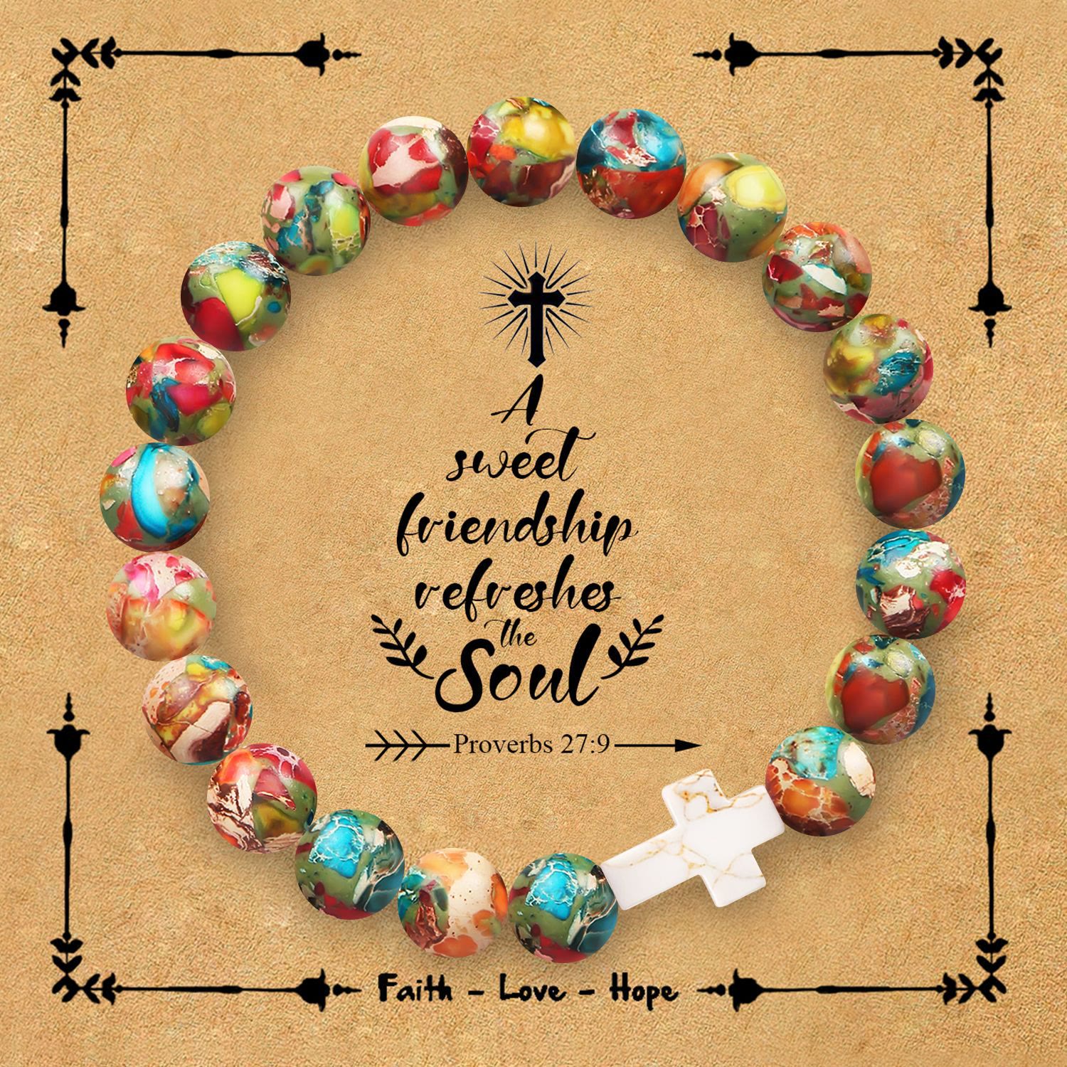 Pulsera de cruz de piedra natural con tarjeta de Proverbios 27:9: un símbolo de amistad divina y gracia