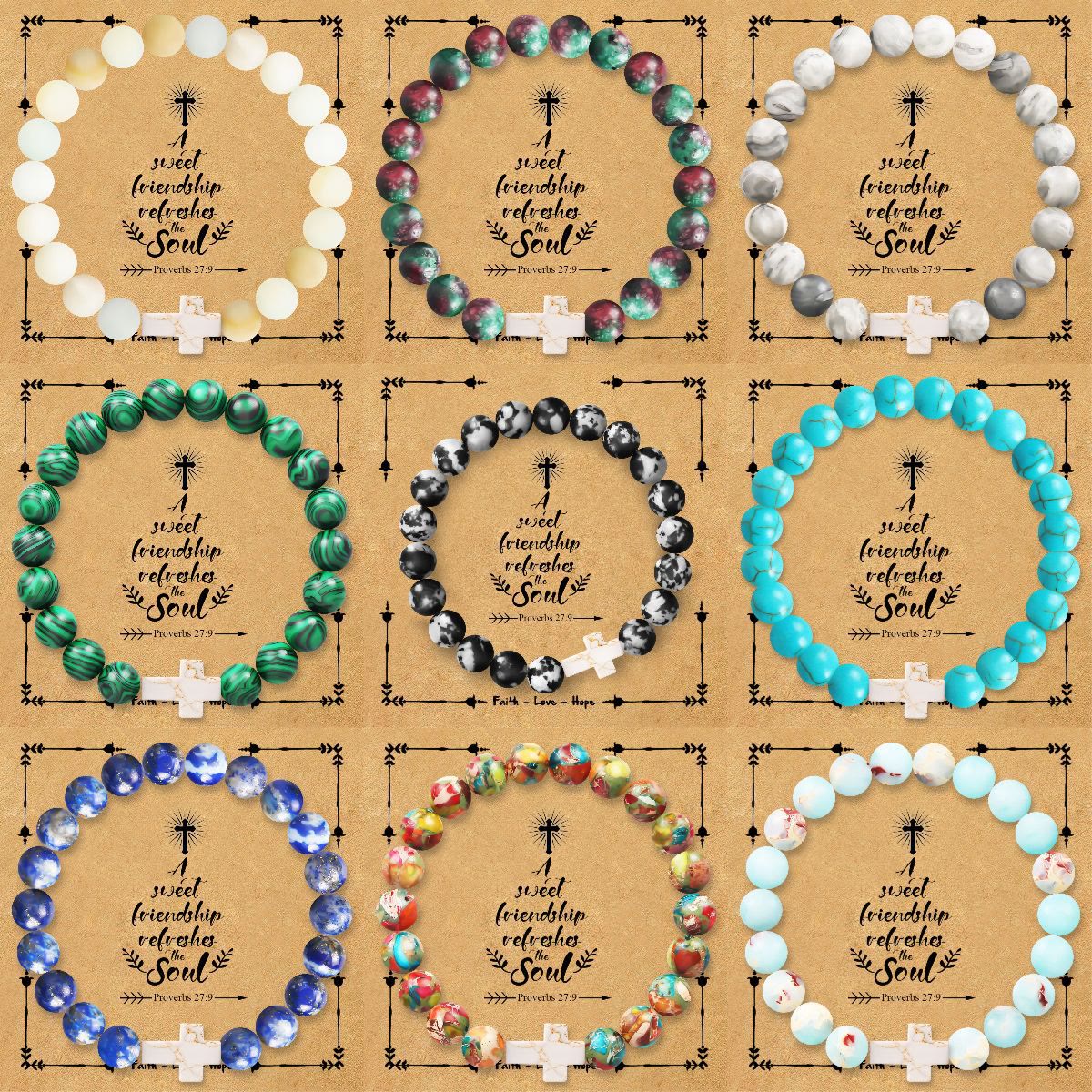 Pulsera de cruz de piedra natural con tarjeta de Proverbios 27:9: un símbolo de amistad divina y gracia