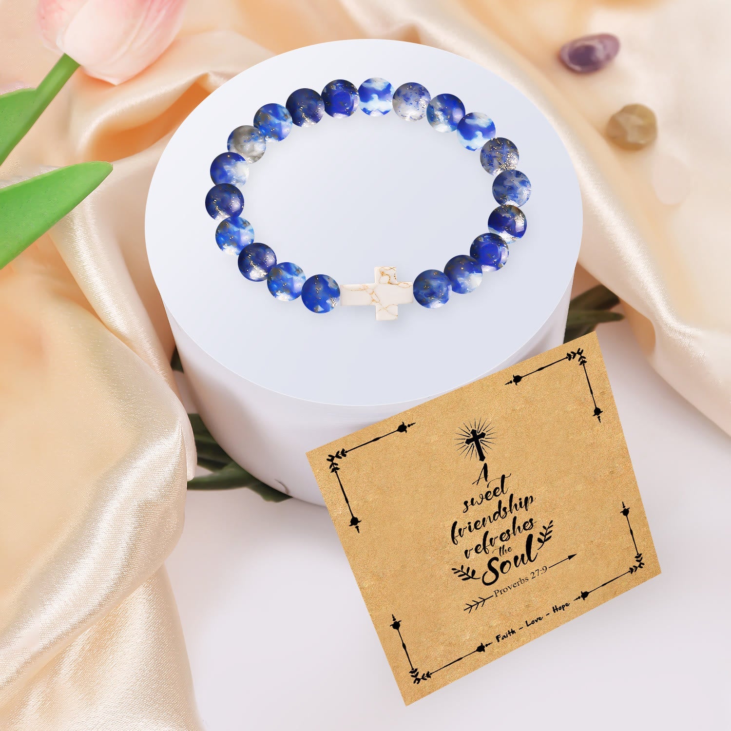 Pulsera de cruz de piedra natural con tarjeta de Proverbios 27:9: un símbolo de amistad divina y gracia