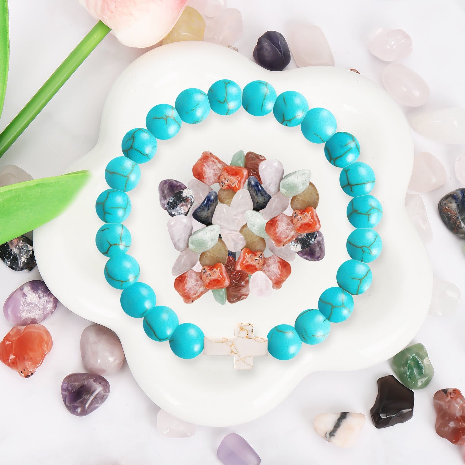 Pulsera de cruz de piedra natural con tarjeta de Proverbios 27:9: un símbolo de amistad divina y gracia