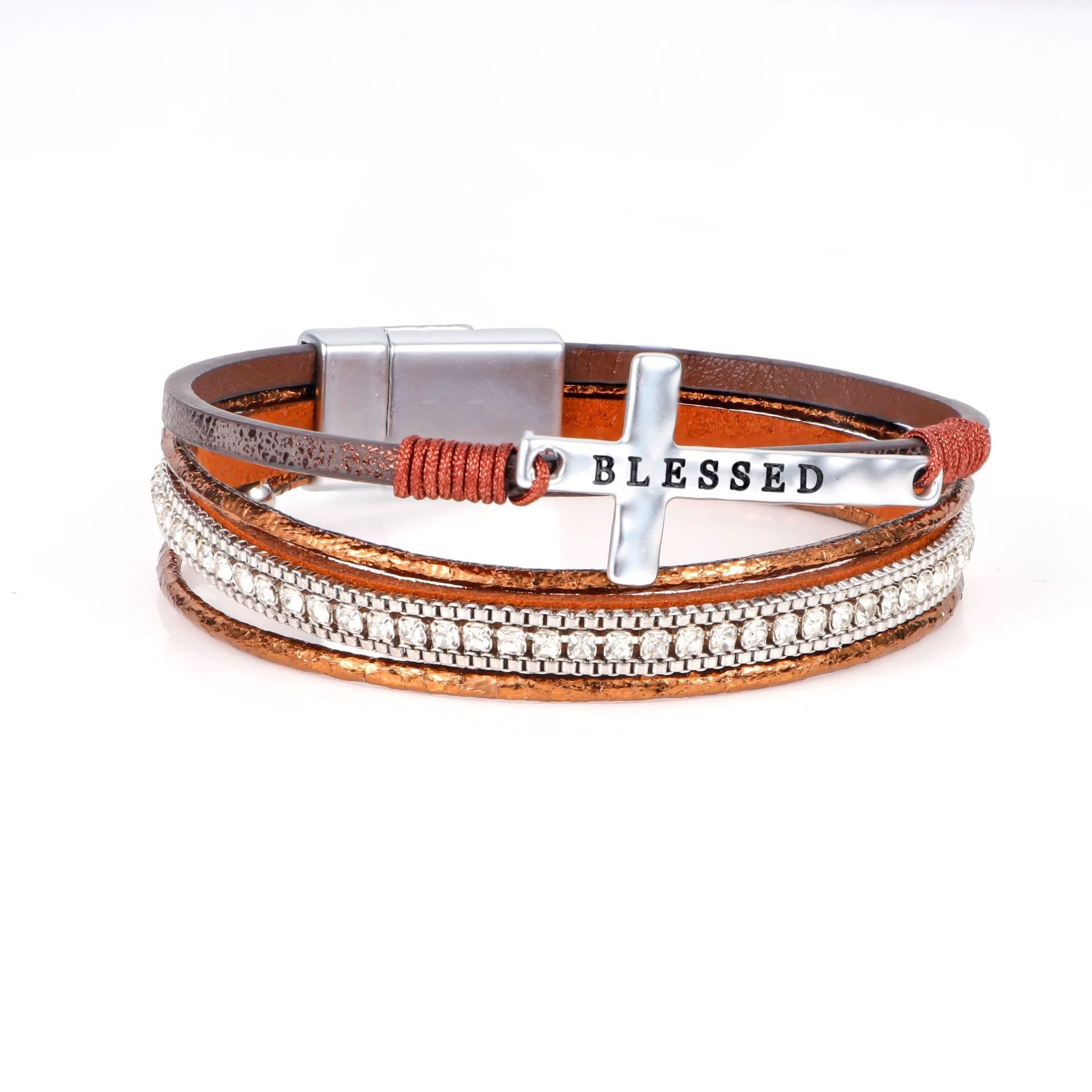 Multi-Layer BLESSED Cross Leather Bracelet with Zircon: A Symbol of Divine Grace & Spiritual Joy