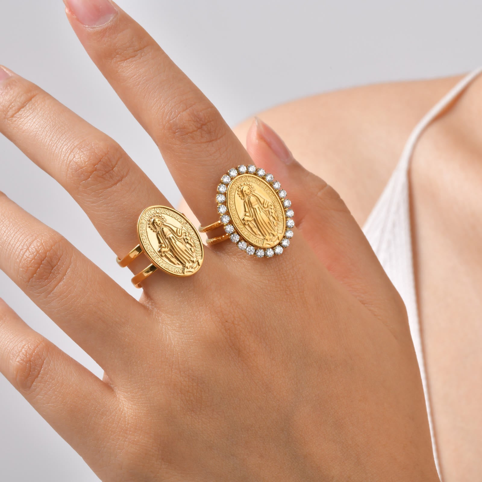 Anillo de la Fe Abierto y Ajustable de Nuestra Señora Medalla Milagrosa CZ Halo