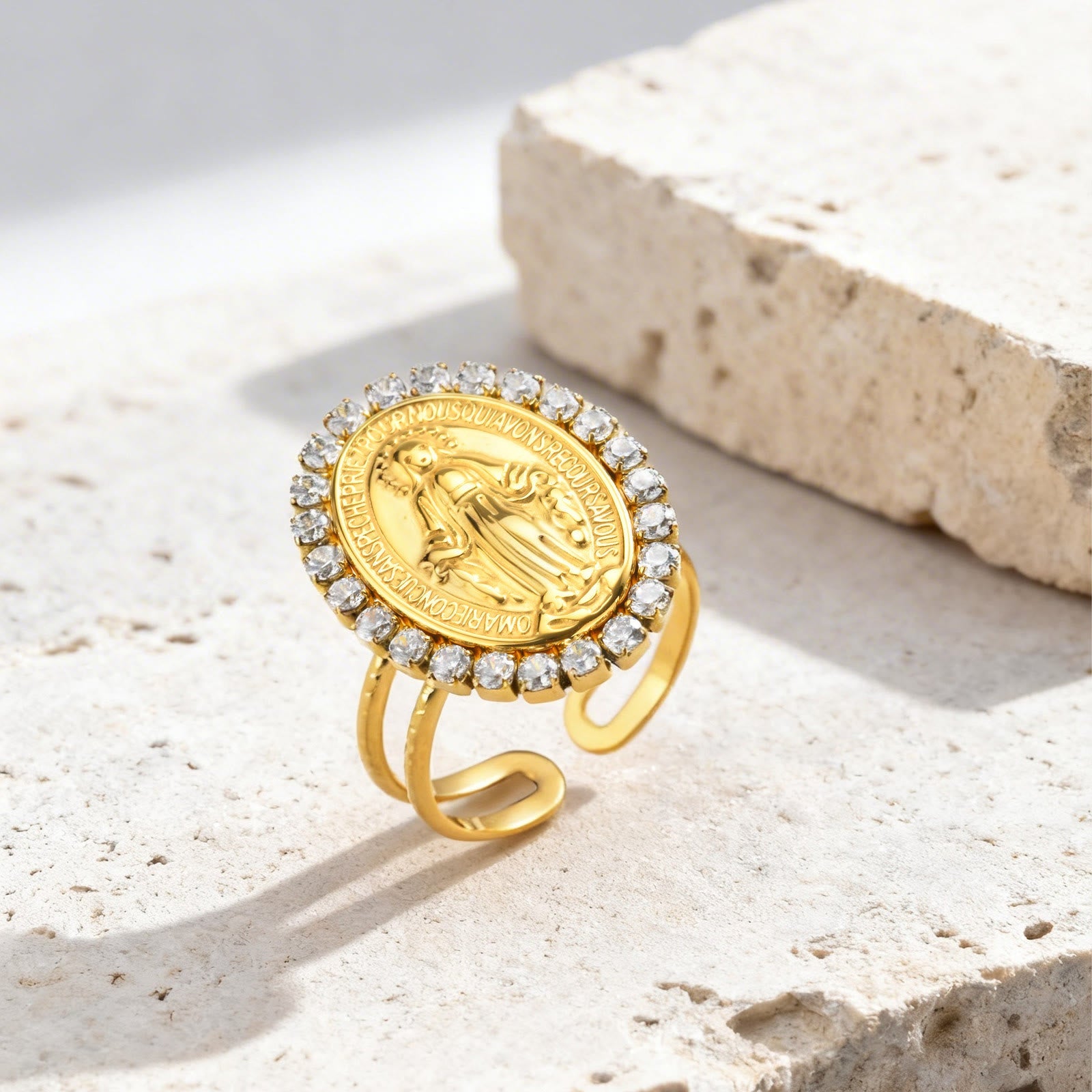 Anillo de la Fe Abierto y Ajustable de Nuestra Señora Medalla Milagrosa CZ Halo