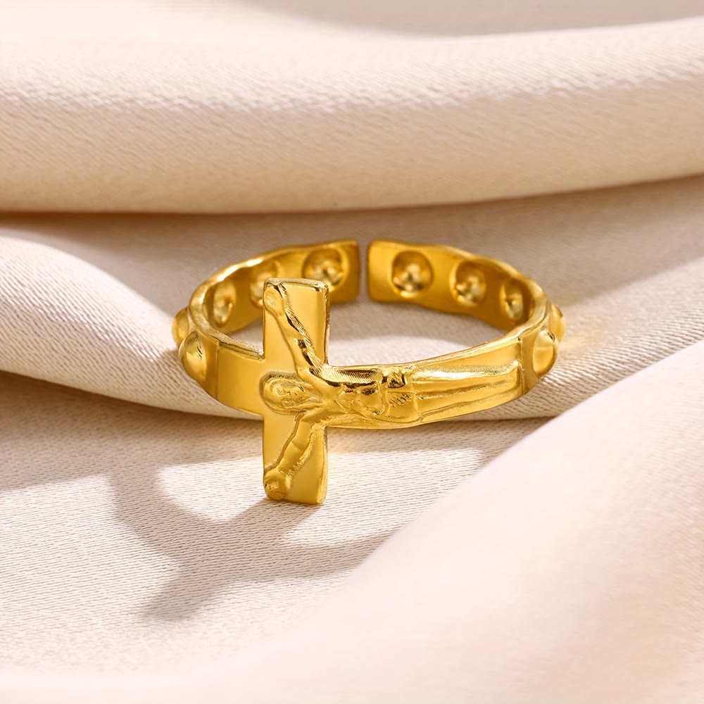 Anillo ajustable atemporal de la devoción con cruz grabada