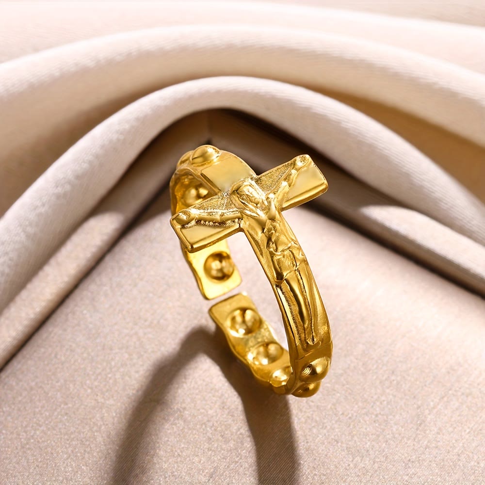 Anillo ajustable atemporal de la devoción con cruz grabada