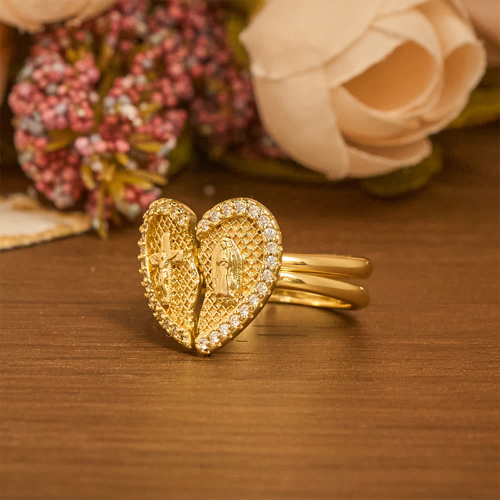 Anillo Ajustable Corazón Partido Cruz Clásica: Símbolo de Esperanza y Salvación Eterna