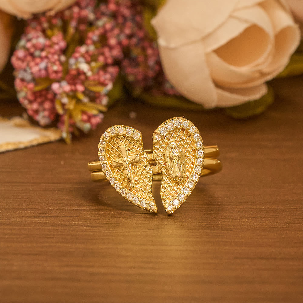 Anillo Ajustable Corazón Partido Cruz Clásica: Símbolo de Esperanza y Salvación Eterna