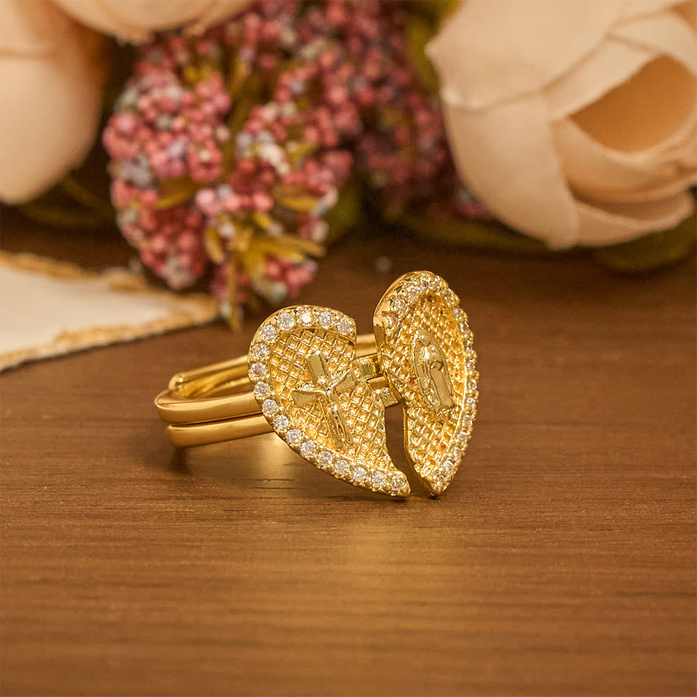 Anillo Ajustable Corazón Partido Cruz Clásica: Símbolo de Esperanza y Salvación Eterna