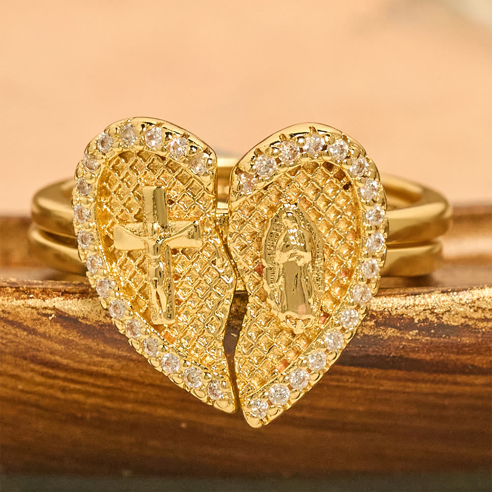 Anillo Ajustable Corazón Partido Cruz Clásica: Símbolo de Esperanza y Salvación Eterna