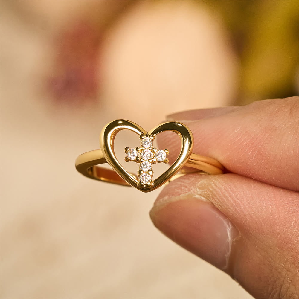 Anillo Abierto Corazón Cruz Elegante: Emblema De Fe Devota y Guía Celestial