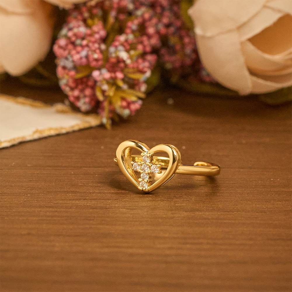 Anillo Abierto Corazón Cruz Elegante: Emblema De Fe Devota y Guía Celestial