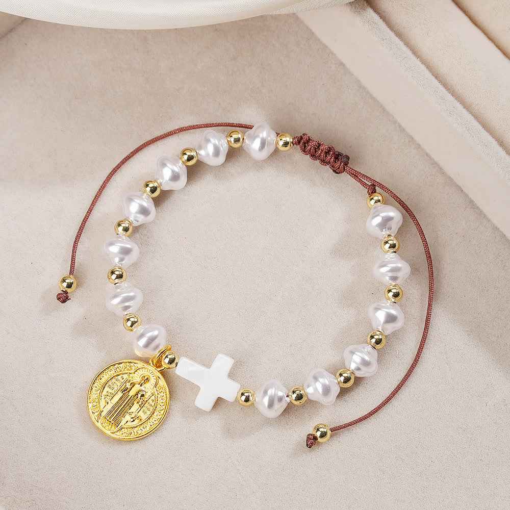Elegante Pulsera Ajustable de Cristal con Medalla de San Benito: Joyería de Bendición Espiritual